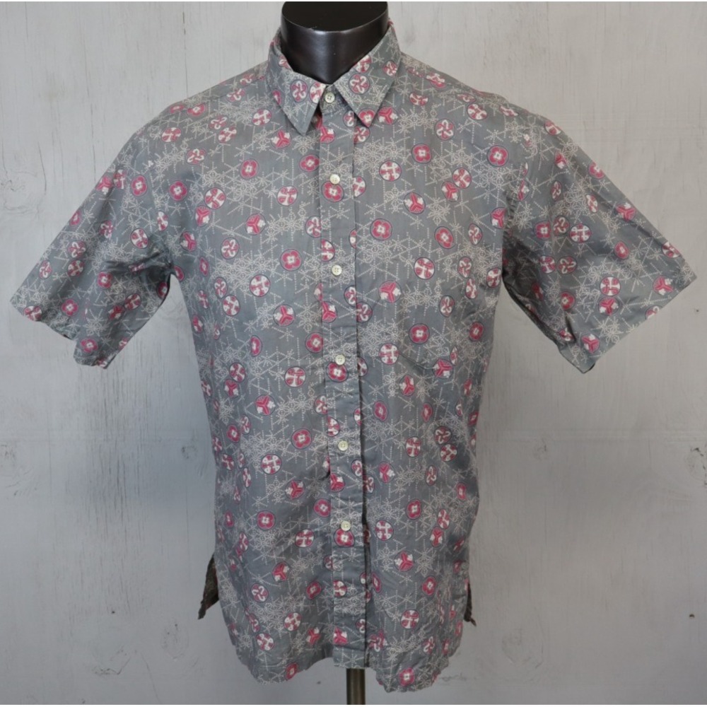 Ono Liberty House Hawaiian Shirt Button Front L Red Gray Geometric Floral Cotton